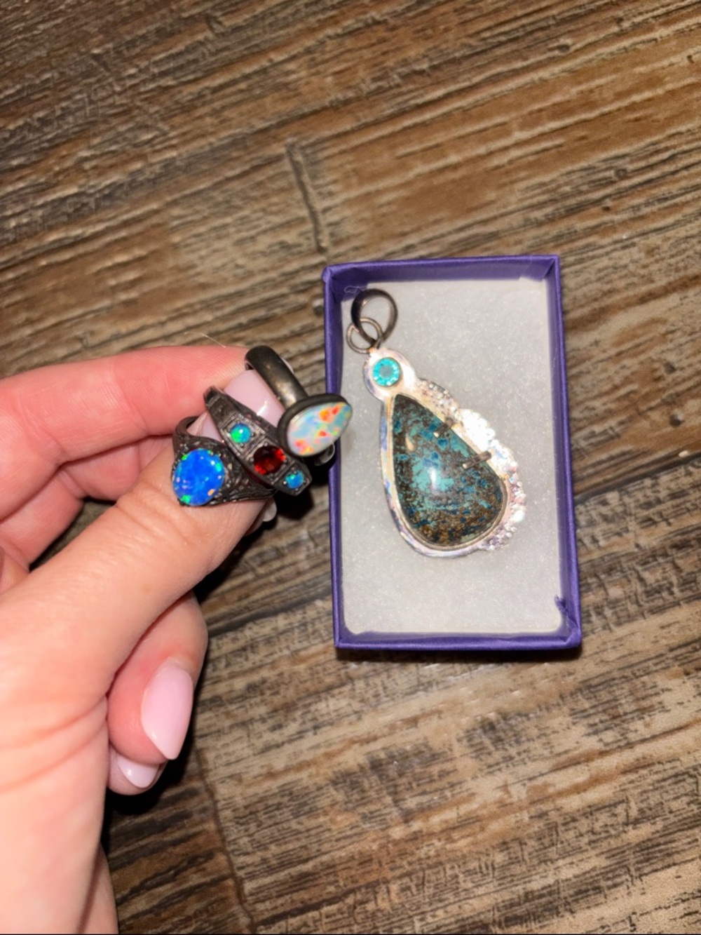 Sterling Silver Blue Opal Teardrop Pendant and Opal Accent Rings